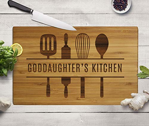 Andaz Press Large Bamboo Wood Cutting Board Gift, 17.75 x 11-inch, Goddaughter's Kitchen, Utensils Graphic, 1-Pack, Laser Engraved Serving Chopping Board Christmas Birthday Chef Kitchen Ideas - color: Goddaughter