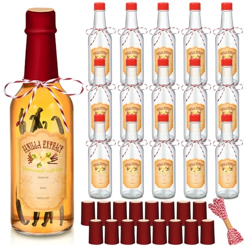 Tioncy 16 Pcs Vanilla Extract Bottles for Homemade Vanilla Jar Glass Bottle with Cap, Shrink Band, Sticker Syrup Gift Food Storage Canister for Bean Sauce Spice(Red,8.5 oz) - color: Red, size: 8.5 oz