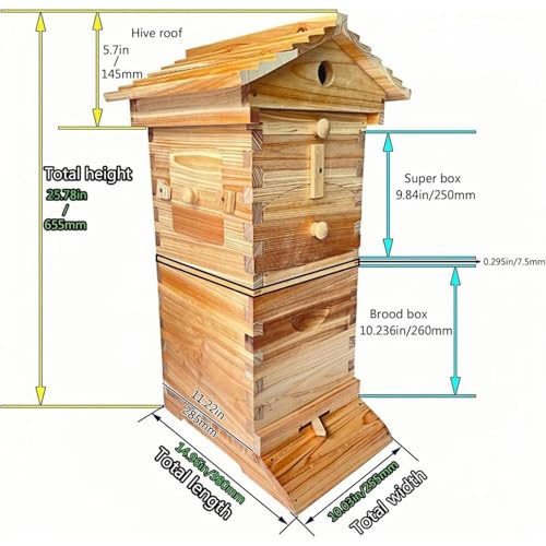 Beehive Starter Kit, Complete Bee Box with Observation Window & Honey Spout,Beekeeping Supplies, Self-Flow Hive Beehive Starter Kit, for Beekeeping Includes Carpenter Bee House