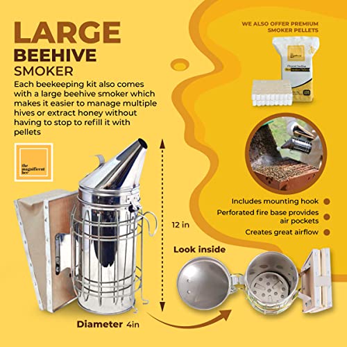Beekeeping Supplies Starter Kit, 11 Piece Set, All-in-One Beginner Tools and Pro Equipment with Large Beehive Smoker, Beekeeper Suit and Gloves, Extraction Scraper, and Feeder