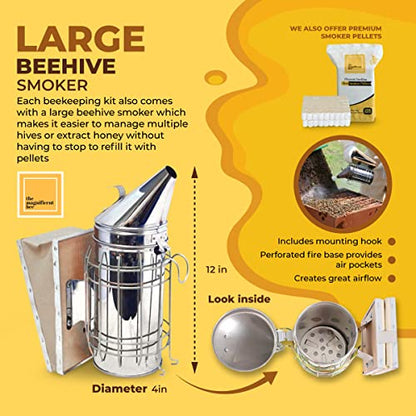 Beekeeping Supplies Starter Kit, 11 Piece Set, All-in-One Beginner Tools and Pro Equipment with Large Beehive Smoker, Beekeeper Suit and Gloves, Extraction Scraper, and Feeder