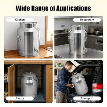 Stainless Steel Milk Can, 64L/16.9Gal Metal Drink Dispenser Airtight Canister with Faucet & Lid, Wine Oil Beverage Storage Container Bucket for Kitchen Restaurant Party, W15.8*H21.3in - size: 64L/16.9Gal w/Faucet