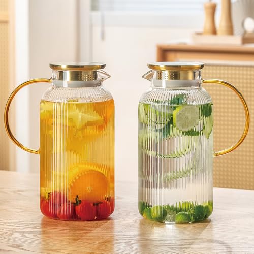 Buaic 2 PACK Glass Pitcher with Lid, 68 oz/ 2L Classic Vertical Stripes Water Pitcher with Handle,Glass Water Carafe for Cold Brew, Coffee, Lemonade, Iced Sun Tea,Beverage,Heat Resistant - color: Clear, size: 2L-2 PACK