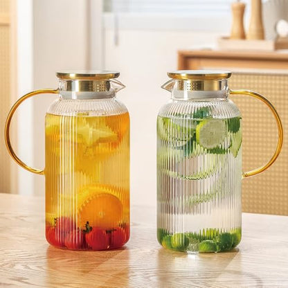 Buaic 2 PACK Glass Pitcher with Lid, 68 oz/ 2L Classic Vertical Stripes Water Pitcher with Handle,Glass Water Carafe for Cold Brew, Coffee, Lemonade, Iced Sun Tea,Beverage,Heat Resistant - color: Clear, size: 2L-2 PACK