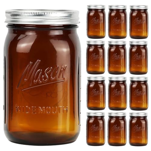 Amber Wide Mouth Mason Jars 32 oz with Metal Airtight Lids - Vintage Quart Size Glass Mason Jars for Food Storage, Canning, Preserving, Fermenting, Pickling, Meal Prep & DIY Crafts, 12 Pack