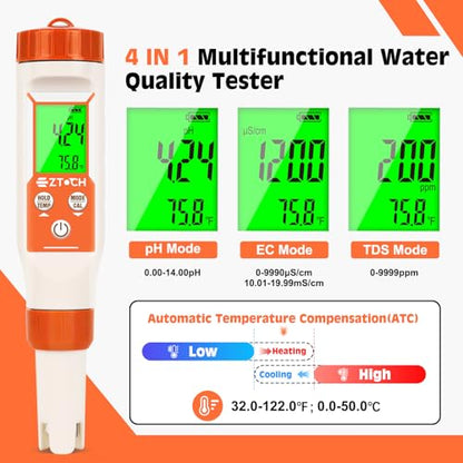 pH Meter for Water, Smart pH TDS EC Meter for Water Hydroponic, 4 in 1 pH Conductivity PPM Temp Meter for Drinking Water, Brewing, Aquarium, Pool, Spa
