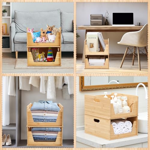 AceOrbit 2 Pack Bamboo Pantry Organizers Storage Bins Large Stackable Open Front Potato and Onion Storage Baskets Foldable Kitchen Counter Organizer for Pantry Food Organization,12.8 x 15.8 x 7.4 Inch
