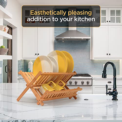 Bambüsi Collapsible Dish Drying Rack - 2 Tier Bamboo Dish Rack Dish Drainer for Kitchen Counter, Foldable Wooden Drying Rack for Plates Cups Bowls Utensils, No Assembly Folding Rack for Apartment, RV - style: Dish Rack
