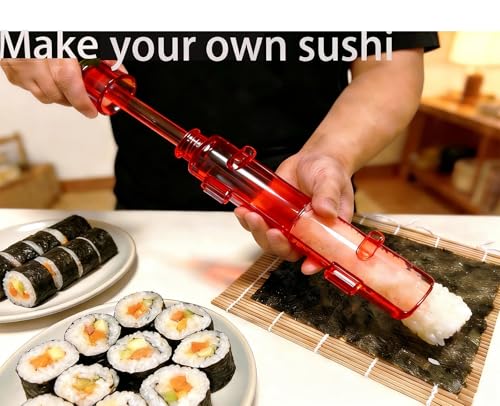Sushi Making Kit – Clear Sushi Bazooka Roller & Bamboo Sushi Rolling Mat, Easy DIY Sushi Maker Tool Set for Beginners, Homemade Sushi Rolls for Kitchen & Party (Clear Red) - color: Clear Red