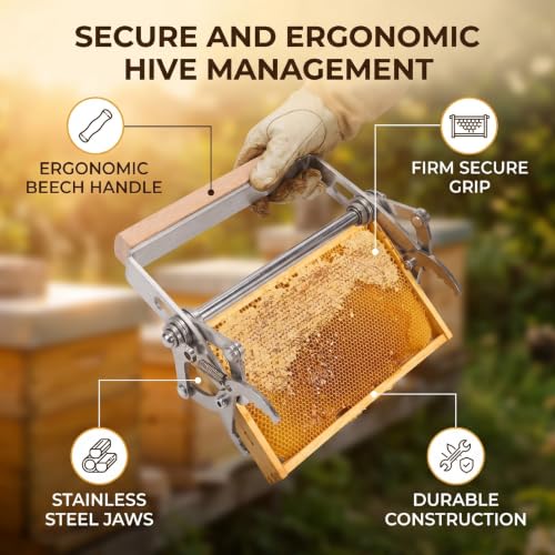 Luocute Beehive Frame Clamp with Beech Wood Handle, Stainless Steel Hives Frame Gripper Lifter Tool for Beekeeping Transfer, Grip Holder Lifter Gripper Tool Equipment Bee Grip