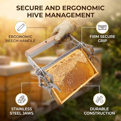 Luocute Beehive Frame Clamp with Beech Wood Handle, Stainless Steel Hives Frame Gripper Lifter Tool for Beekeeping Transfer, Grip Holder Lifter Gripper Tool Equipment Bee Grip