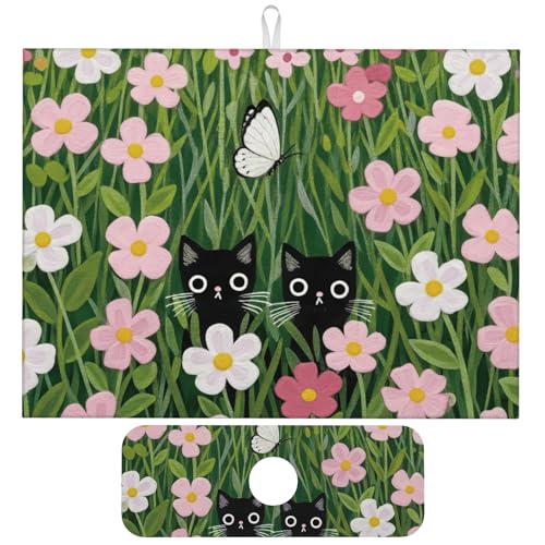 Pink Floral Cat Dish Drying Mat for Kitchen Counter, 18"x24" Microfiber Absorbent Fast Dry Mat, 2Pcs Dish Mat Faucet Mats Sets, Large Drying Kitchen Mat Kitchen Drying Pad Coffee Bar Decor Gifts - color: Pink Floral Cat, size: 18"X24"