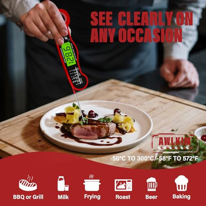 AWLKIM 2 Pack Meat Thermometer Digital, Instant Read Thermometer, Red | 2-pack grill and kitchen thermometers with backlit displays and magnetic storage - color: 2 Pack Red