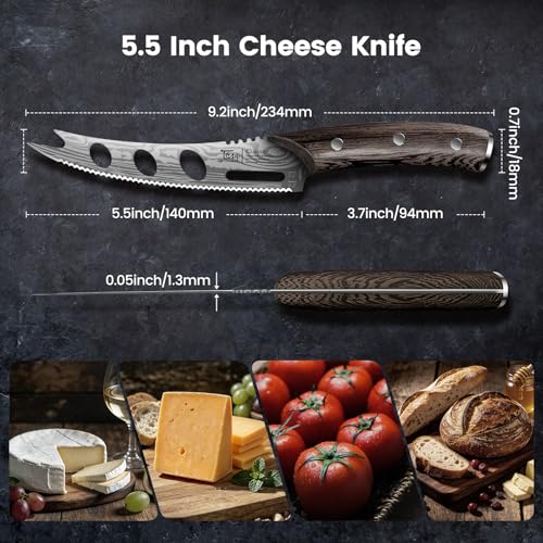 SYOKAMI Cheese Knife, 5.5 Inch Serrated Cheese Cutter for Soft and Hard Cheese, Pronged, Multi-Use Non Stick Design, High Carbon German Steel, Full Tang & Ergonomic Handle Design, Ideal Gift