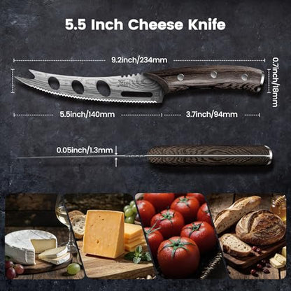 SYOKAMI Cheese Knife, 5.5 Inch Serrated Cheese Cutter for Soft and Hard Cheese, Pronged, Multi-Use Non Stick Design, High Carbon German Steel, Full Tang & Ergonomic Handle Design, Ideal Gift