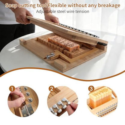 Wooden Soap Cutter 1-12 Bars, Multi Wire Slicer with Adjustable Tension, Ready-to-Use Soap Cutting Tool for DIY Making, Cheese, Butter, Candle, Bread – Includes 10 Replacement Wires