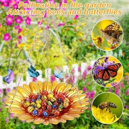 Bee Watering Station,Bee Cups for Garden with Vivid Sun-Flower Design,Multifunctional Hanging Bee Feeder with 40 Glass Beads,Butterfly Feeder,Bird Bath for Garden Yard Decor