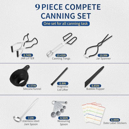 Canning Supplies Starter Kit,Canning Kit for Beginners of 9 with Jar Lifter,Wide Mouth Funnel,Wrench,Tongs,Lid Lifter,Bubble Popper,Canning Labels,ladle,Measuring spoon-Black - color: X9-Black