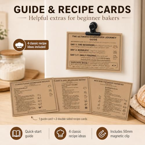 Sourdough Starter Kit for Beginners, 34oz Wide Mouth Sourdough Starter Jar with Guide & Recipes, Fridge Magnet Clip, Thermometer, Feeding Band, Spatula, Cloth & Aluminum Lid, Bread Baking Supplies