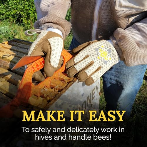 Professional Beekeeping Gloves, Premium 5mm Goatskin w/Patented Ventilation & Dexterity - Beekeeping Supplies - color: Off-white, size: Medium