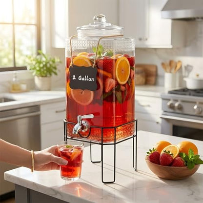 2 Gallon Glass Drink Dispenser, Drink Dispensers for Parties, Beverage Dispenser with Stand and Glass Lid, 100% Leakproof Spigot, Ideal for Lemonade, Juice, Laundry Detergent Dispenser - size: 2 Gallon