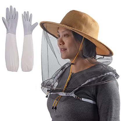 2 In 1 Beekeeping Beekeeper Protection Gloves and Bee Veil Hat Mosquito Mesh Cap for Men Women - color: Khaki Hat + XL Gloves