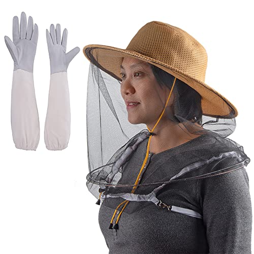 2 In 1 Beekeeping Beekeeper Protection Gloves and Bee Veil Hat Mosquito Mesh Cap for Men Women - color: Khaki Hat + XL Gloves
