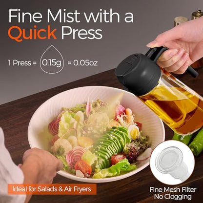 YARRAMATE 2Pcs 16oz/470ml Olive Oil Dispenser, Food-grade 2 in 1 Oil Glass Sprayer for Cooking, Kitchen, Air Fryer, Salad, Frying, BBQ (Black) - color: 16_2Pcs Black