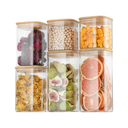 D2scrma Airtight Glass Square Storage Containers with Bamboo Lid Set of 6 (650ml*2/1100ml*2/1500ml*2) Stackable Jars, Kitchen Canister for Pantry Cereal, Nuts, Snacks and Coffee beans - size: 22oz*2/37oz*2/50oz*2