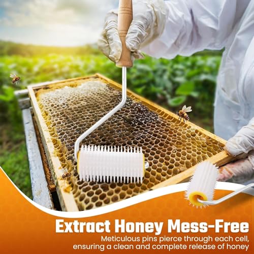 Flexzion Honey Uncapping Needle Roller – Propolis & Honey Beekeeping Tools Supplies for Harvesting - 5-Inch Hardwood Handle Uncapper for Honeycomb Roller Brush Extraction