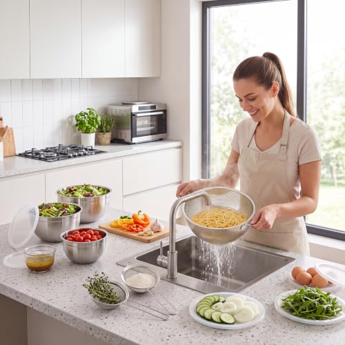 Geetery 7 Pcs Stainless Steel Kitchen Accessories Set 3 Nesting Mixing Bowls with Lid(1.5/3/5qt), 1 Colander with Handle(5qt), 3 Fine Mesh Strainers(8/14/20cm) for Cooking, Baking, Prepping, Draining