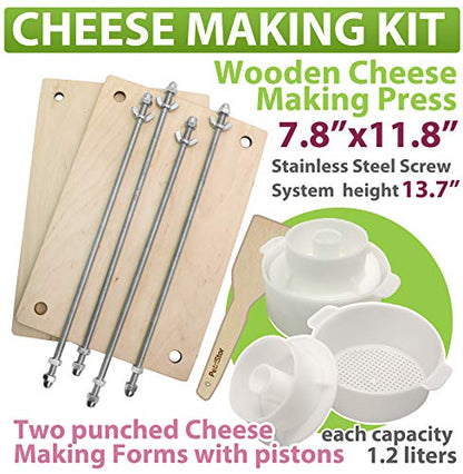 PetriStor Wooden Cheese Press for Cheese Making Supplies 12in Metal Guides 13in and 2 Cheese Mold with Follower Piston 1.3Qt - large Home Supply Ultimate Cheese Press Machine - Prensa Para Queso