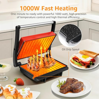 Panini Press Grill, Aigostar 1000W Sandwich Maker with Ceramic Non-stick Plates, Opens 180 Degrees for Any Size Food, 3-in-1 Sandwich Press Electric Grill, Drip Spout & Locking Lid, Red - color: Red