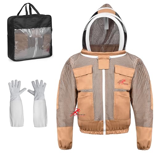3 Layer Bee Jacket with Fencing Veil and One Pair of Gloves Beekeeping Jacket for Beginer and Professional Fully Protective Jacket Sting Proof Bee Jacket Ventilated Beekeeper Jacket (Khaki, 3X-Large) - color: Khaki, size: 3X-Large