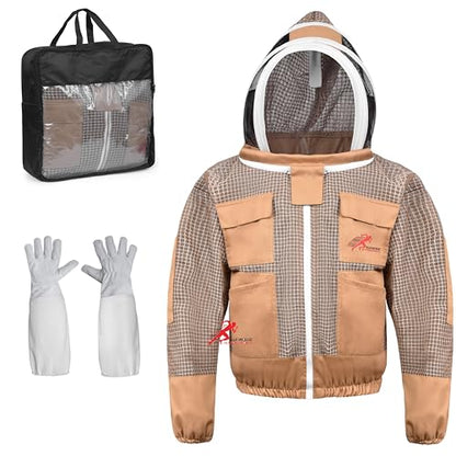 3 Layer Bee Jacket with Fencing Veil and One Pair of Gloves Beekeeping Jacket for Beginer and Professional Fully Protective Jacket Sting Proof Bee Jacket Ventilated Beekeeper Jacket (Khaki, 3X-Large) - color: Khaki, size: 3X-Large