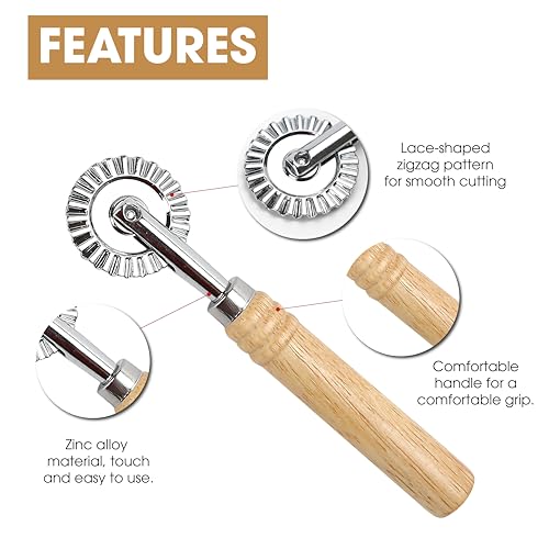 2PCS Pizza Cutter Wheel Roller, 16cm/6.3" long, Zinc Alloy Crinkle Cutter Maker Set with Long Wooden Handle for Making Pasta Ravioli Noodles Dumpling Lace Pastry Pies Fluted Cracker for Kitchen Travel