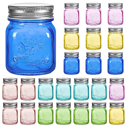 Amzcku Mini Colored Mason Jars 5 oz with Metal Lids - Glass jar for Jam, Honey, Candle, Canning, Wedding Favors, Shower Favors, Food Storage, Jelly, DIY Spice Jars, 24 Pack… - color: colored 5 oz