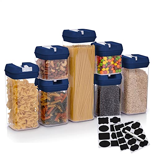 Set of 7 Airtight Food Storage Containers - Pantry Organizer Bins, BPA Free Plastic Containers plus Dry Erase Marker and Labels, Navy Blue - color: Navy Blue