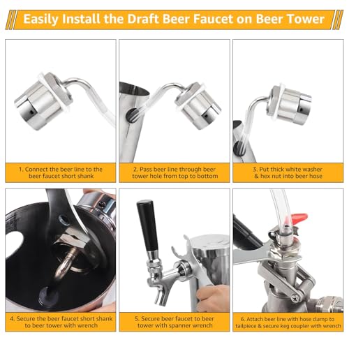 All Stainless Steel Draft Beer Shank Faucet Beer Tower Faucet Kit, 1/4” Beer Barb Fitting Self-closing Beer Tap Kegerator Tower Replacement Kit for 3/16” Beer Line Tubing with Hose Clamp Wrench - size: Faucet Kit (All Stainless Steel)