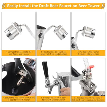 All Stainless Steel Draft Beer Shank Faucet Beer Tower Faucet Kit, 1/4” Beer Barb Fitting Self-closing Beer Tap Kegerator Tower Replacement Kit for 3/16” Beer Line Tubing with Hose Clamp Wrench - size: Faucet Kit (All Stainless Steel)