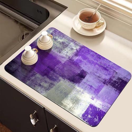 Dish Drying Mat for Kitchen Counter, Purple and Grey Abstract Art, Absorbent Quick Dry Pad with Rubber Backing, Draining Mat Dish Rack Pad for Dishes, Utensils, Countertops, Sinks 12" x 20 - color: Purple and Grey