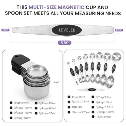 Magnetic Measuring Cups and Spoons Set-Heavy Duty 304 Stainless Steel，Double Measurement Markings，Set of 16 with Leveler for Measure Dry and Liquid Ingredients (Black) - color: Black