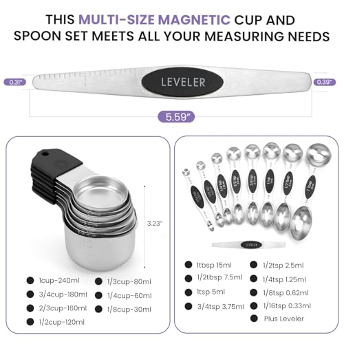 Magnetic Measuring Cups and Spoons Set-Heavy Duty 304 Stainless Steel，Double Measurement Markings，Set of 16 with Leveler for Measure Dry and Liquid Ingredients (Black) - color: Black