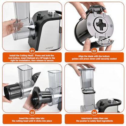 Electric Cheese Grater with Electric Dicing Function, 250W Professional Salad Maker & Electric Cheese Shredder, 5-in-1 Automatic Food Processor with Wide Feed Chute & 5 Stainless Steel Blades