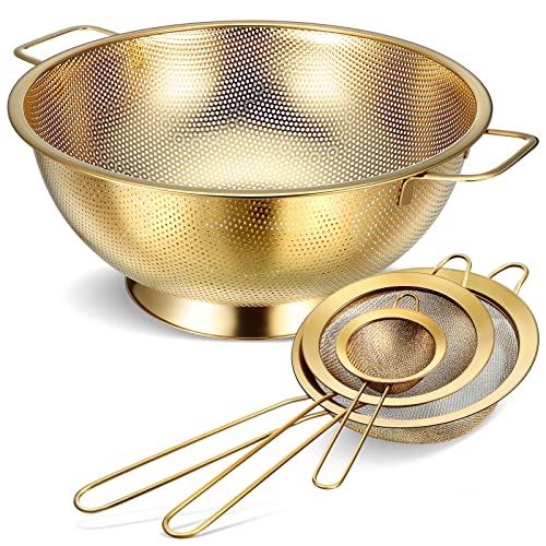 Norme 5 Quart Stainless Steel Gold Colander and 3 Pcs Gold Fine Mesh Strainer, Stainless Steel Pasta Rice Food Metal Strainer with Handles, Easy Clean and Dishwasher Safe - color: Gold, size: 5 Quart