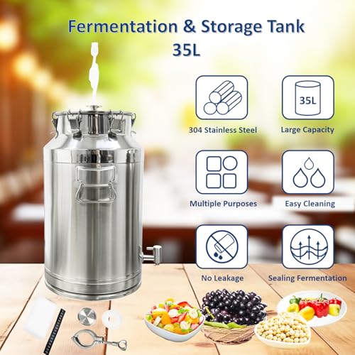 INTBUYING 9 Gal Wine Fermentation Tank 304 Stainless Steel Beer Brewing Fermentation Tanks with Exhaust Pipe Sealing Lock Fastener for Beer Wine Yogurt Milk Juice - size: 9gal