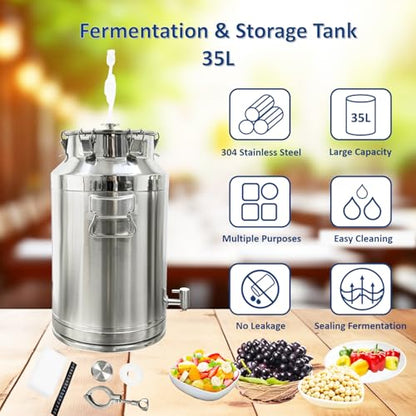 INTBUYING 9 Gal Wine Fermentation Tank 304 Stainless Steel Beer Brewing Fermentation Tanks with Exhaust Pipe Sealing Lock Fastener for Beer Wine Yogurt Milk Juice - size: 9gal