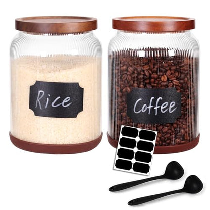 SAIOOL 2-Pack Striped Borosilicate Glass Airtight Canisters - Big mouth Large Capacity, Acacia Wood Lid, Food Storage Jars for Flour, Pasta, Pantry Organization (3/4 Gallon （2 Striped pack）) - size: 3/4 Gallon (Striped 2 pack)