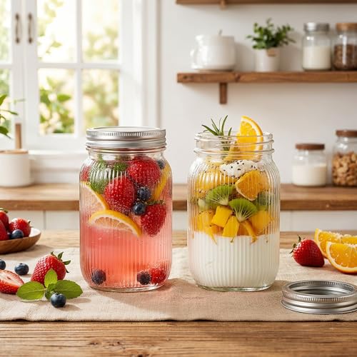 SUT Clear Wide Mouth Mason Jars 32 oz,9 Pack Quart Mason Jars With Airtight lids and Bands,Canning Jars 32 oz for Preserving,Meal Prep,Overnight Oats,Fermenting - color: Stripe