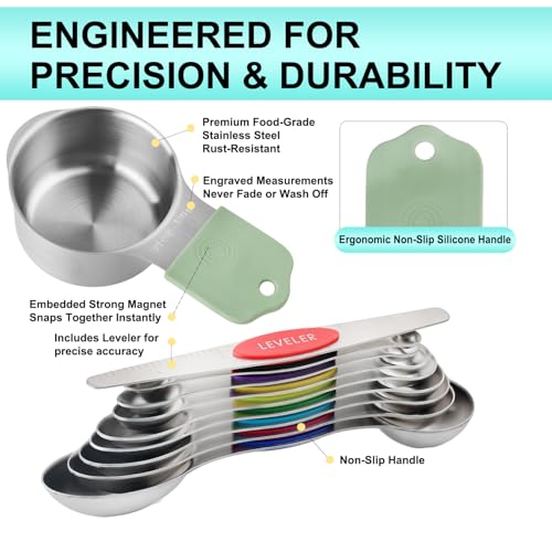 Magnetic Measuring Cups and Spoons Set of 16, 7 Stainless Steel Measuring Cups, 8 Double-Sided Measuring Spoons with 1 Leveler, Color Coded Handles, Dual Markings for Dry and Liquid Ingredients - color: Silver